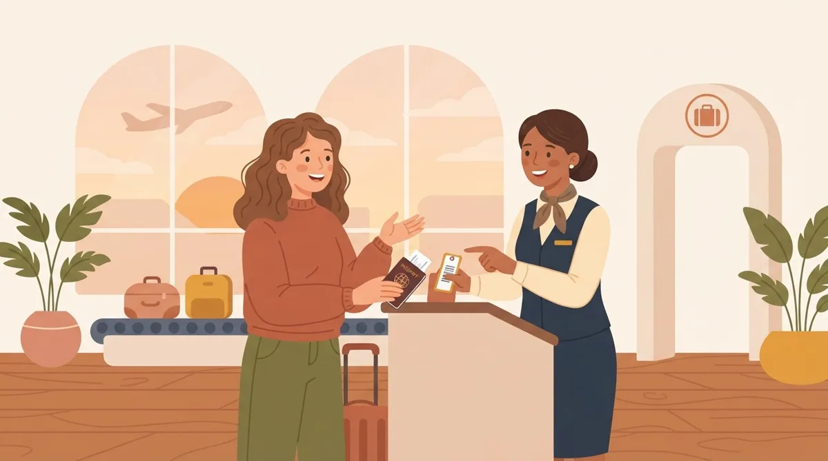 Havalimanında pasaport ve biniş kartı gösteren yolcu ile görevli personel arasında check-in işlemi yapılması