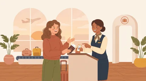 Havalimanında pasaport ve biniş kartı gösteren yolcu ile görevli personel arasında check-in işlemi yapılması